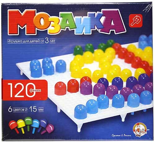 Мозаика 120 дет. Цветная круглая (6 цветов, игровое поле 23*20*3,5см, пластик, в коробке, от 3 лет) 00965, (ООО "Десятое королевство")