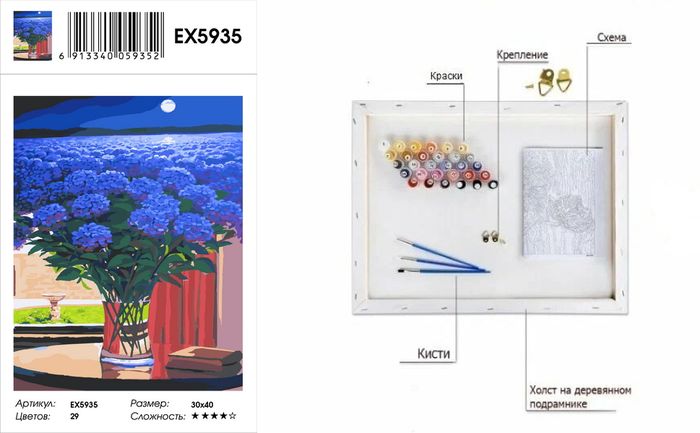 Холст Для Рисования По Номерам Поле гортензии (30*40см, холст на подрамнике, акриловые краски, кисти) EX5935, (YIWU XINSHIXIAN ARTS AND CRAFTS CO.,LTD)